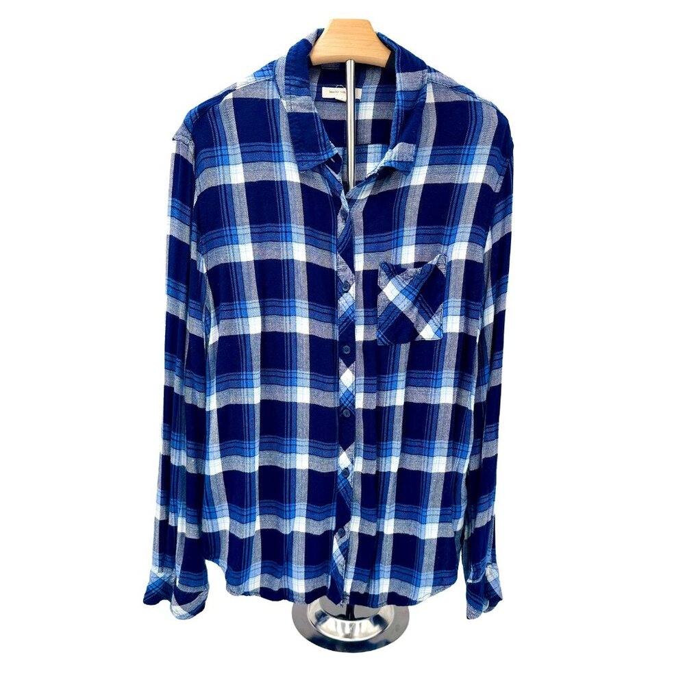 Beach Lunch Lounge Blue White‎ Plaid Flannel Button Down Shirt Size Large